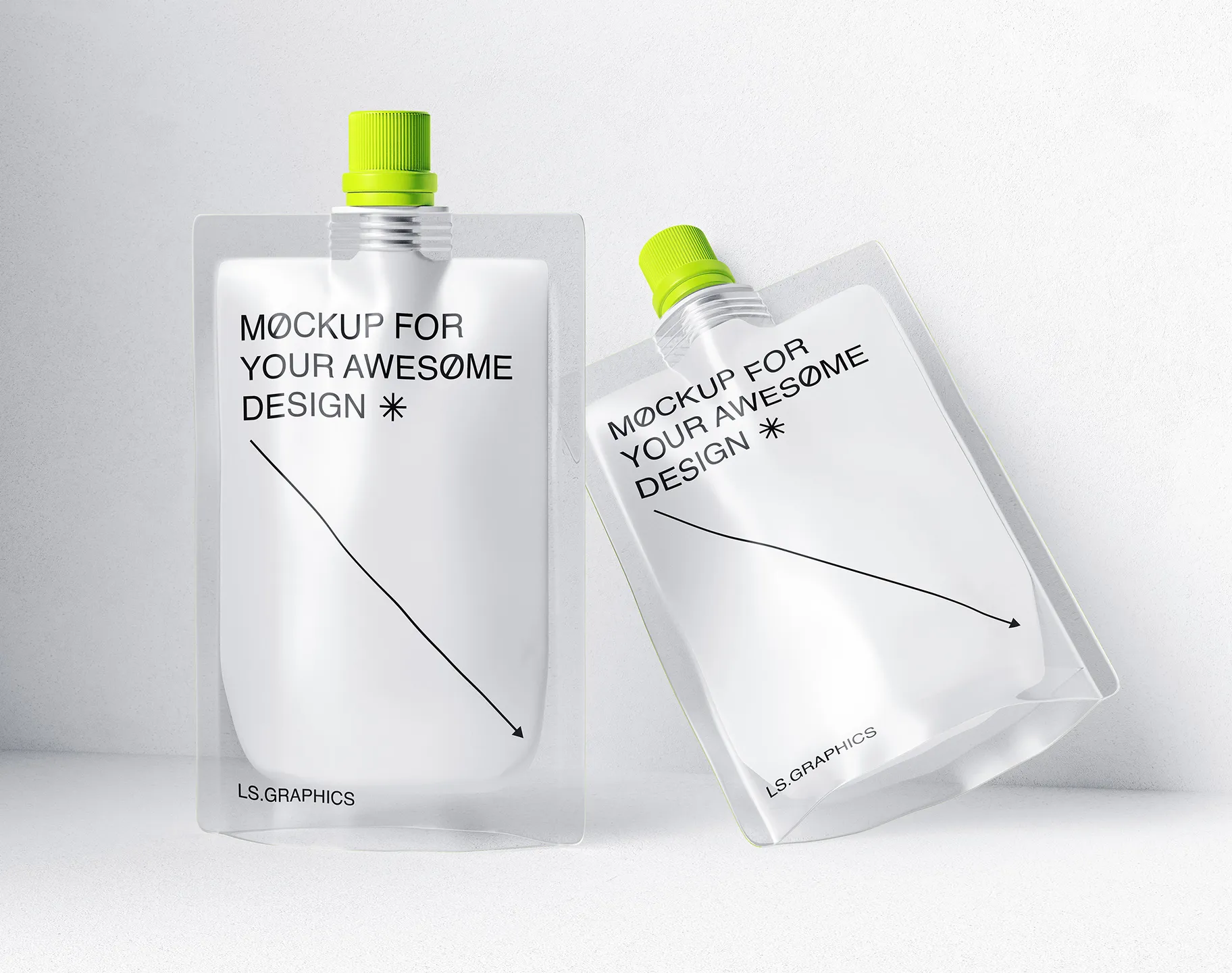 Two standing pouch mockups with green caps for product packaging design presentation